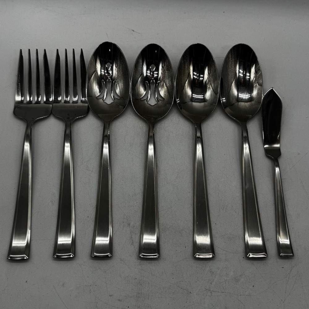 7 Pc Serving Set Mikasa Essex Satin Stainless Flatware Spoon Fork Slotted Butter